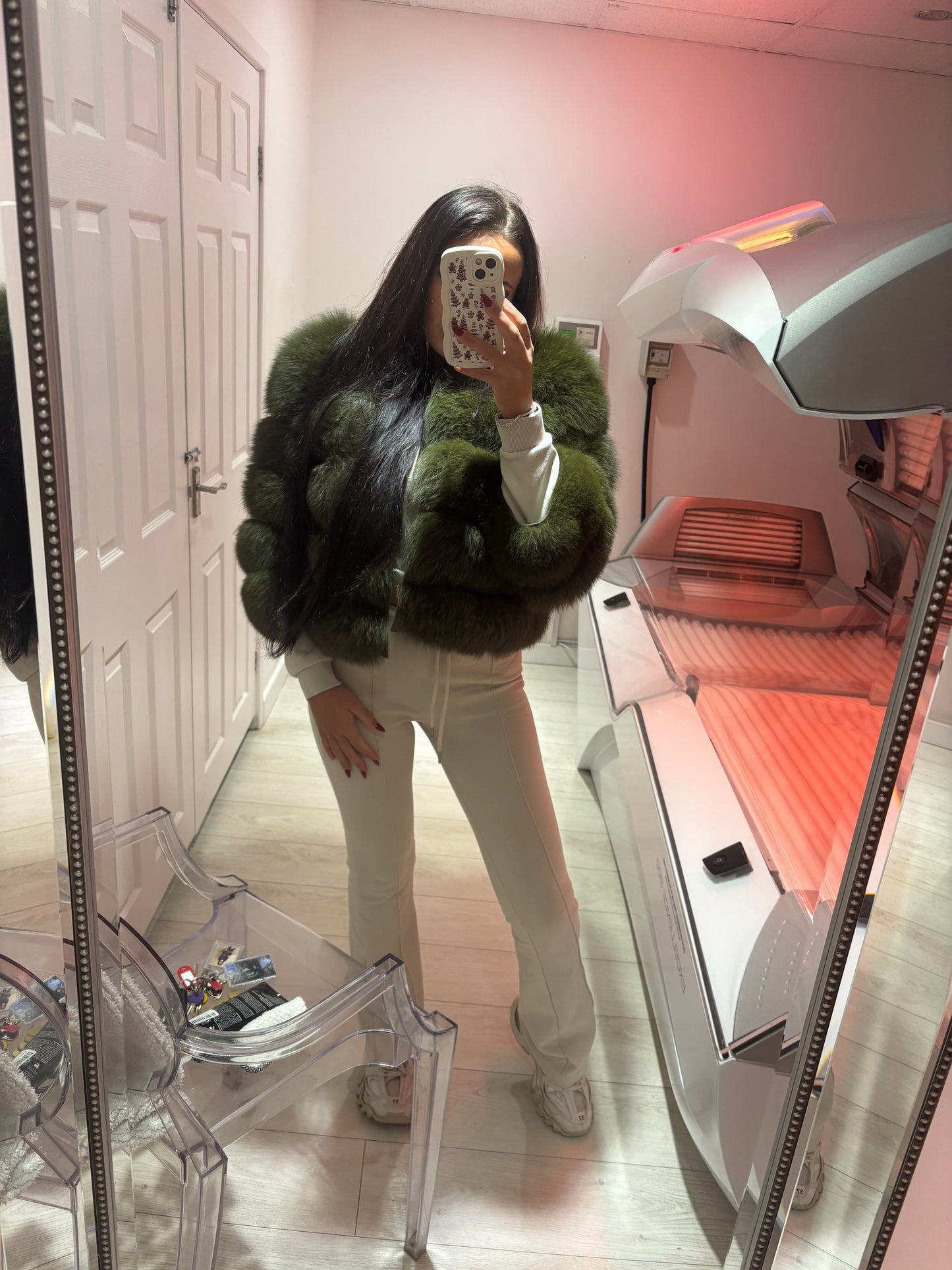 Luxury Cropped 5 Ring Fox Fur- Khaki Green