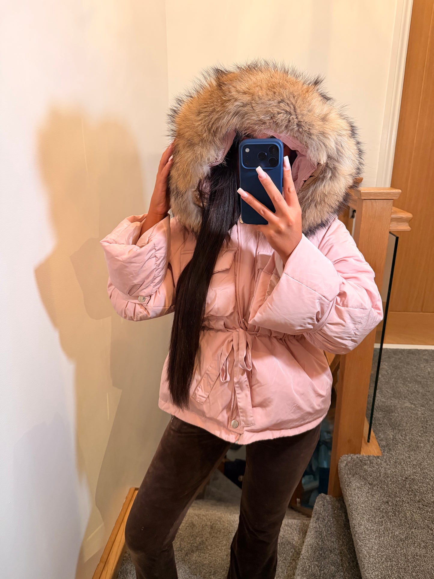 Pink Duck Down Tie Coat - Natural Fox Fur Trim