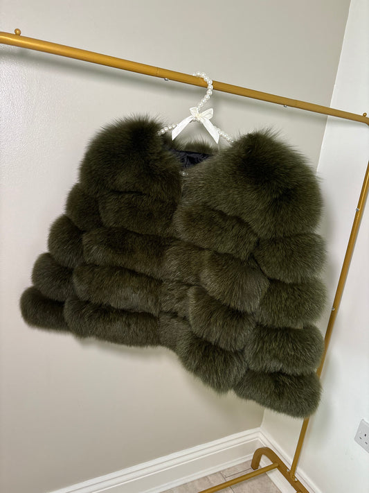 Luxury Cropped 5 Ring Fox Fur- Khaki Green