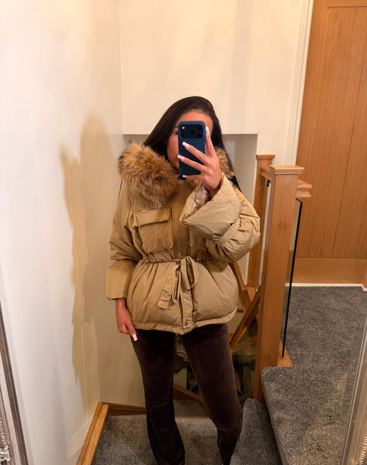 Duck Down Tie Coat with Natural Fox Fur Trim