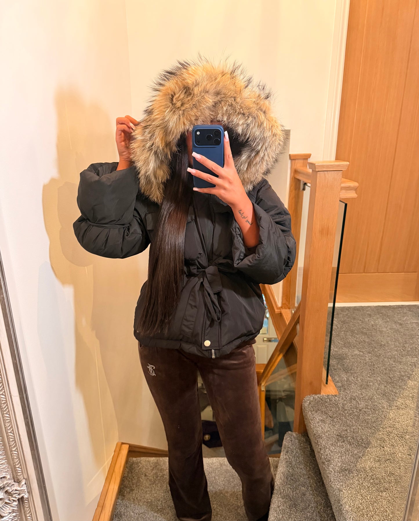 Black Duck Down Tie Coat - Natural Fox Fur Trim