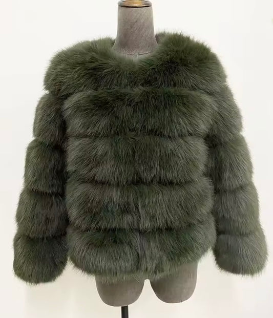 Luxury Cropped 5 Ring Faux Fur - Khaki Green