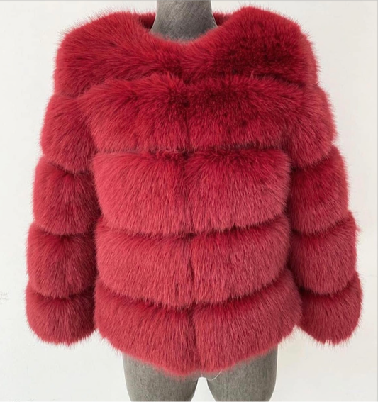 Luxury Cropped 5 Ring Faux Fur- Red