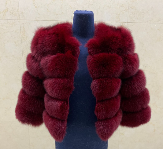 Luxury Cropped 5 Ring Fox Fur- Red wine