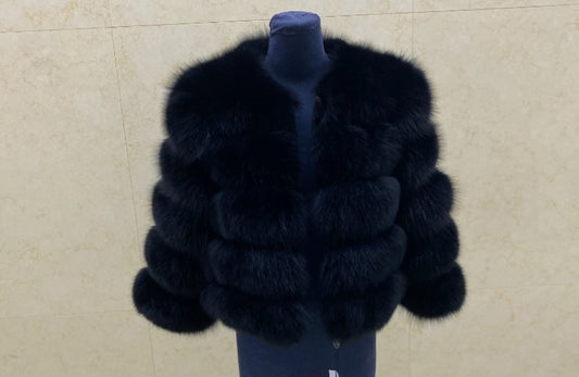 Luxury Cropped 5 Ring Fox Fur- Black