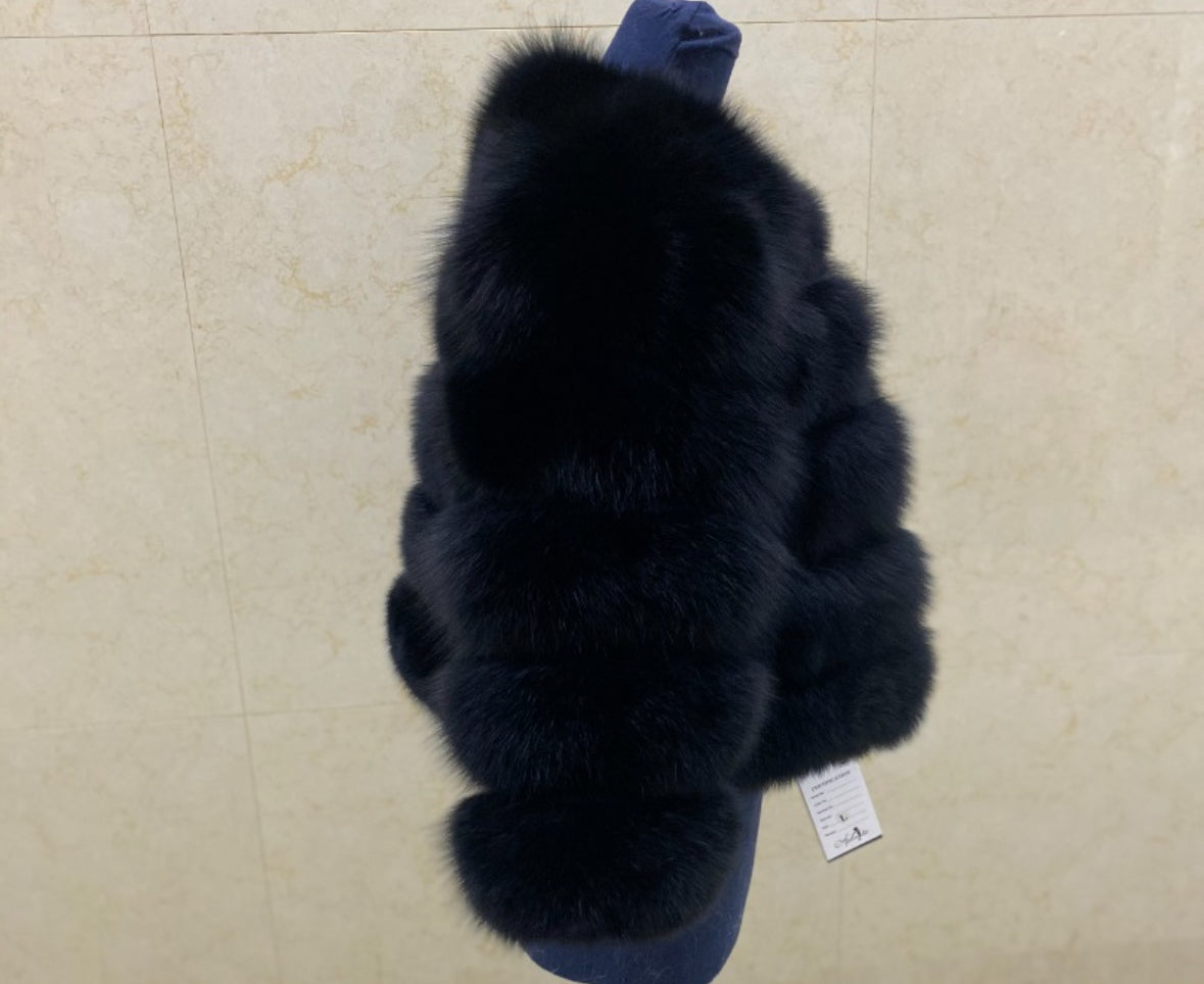 Luxury Cropped 5 Ring Fox Fur- Black