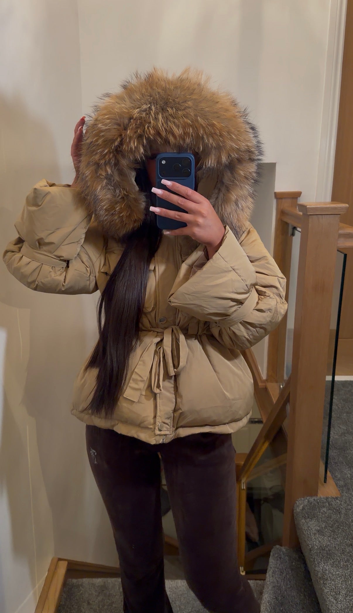 Duck Down Tie Coat with Natural Fox Fur Trim