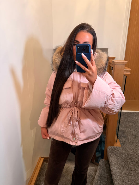 Pink Duck Down Tie Coat - Natural Fox Fur Trim
