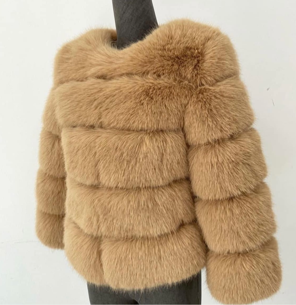 Luxury Cropped 5 Ring Faux Fur- Dark Camel