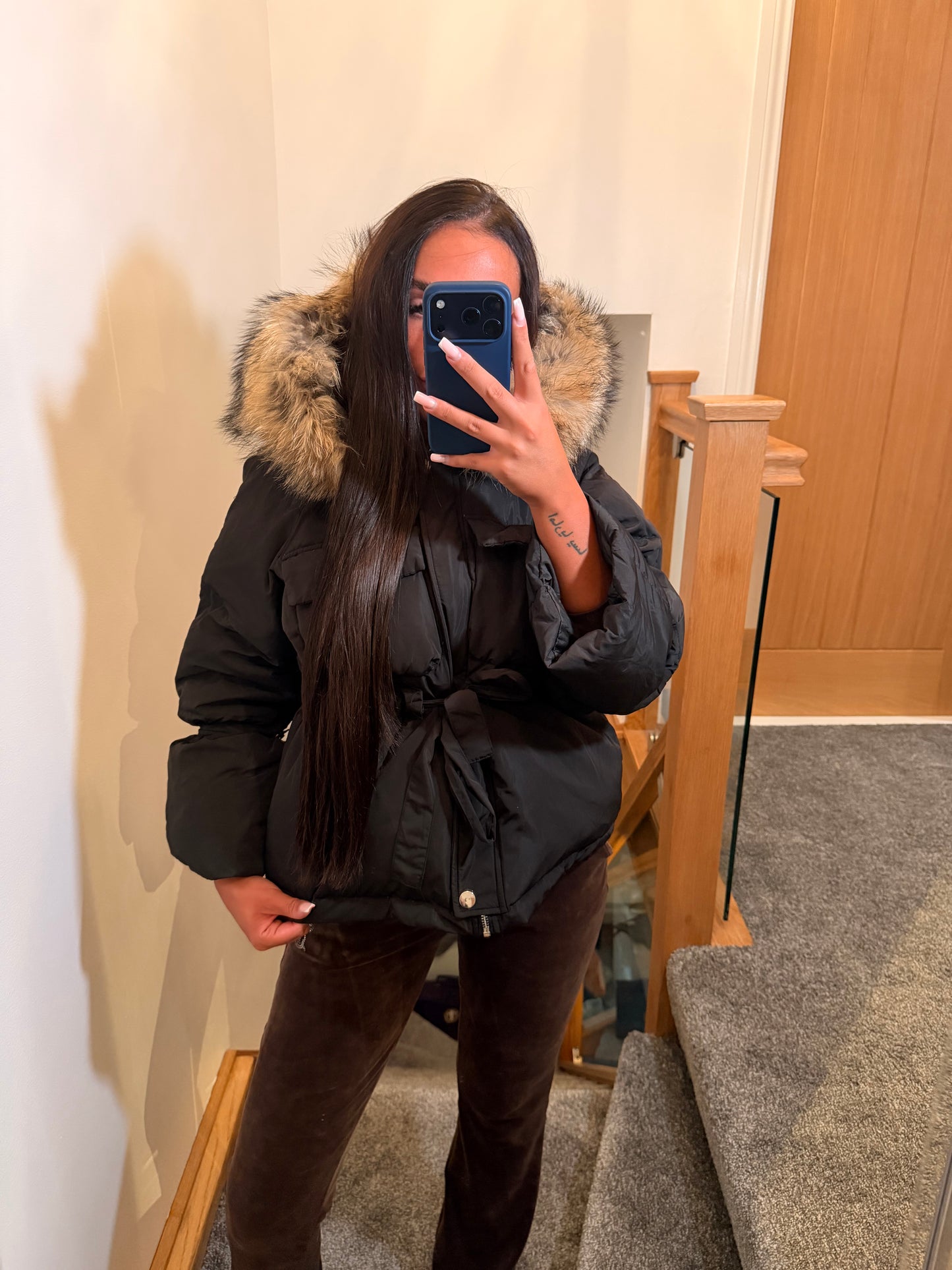 Black Duck Down Tie Coat - Natural Fox Fur Trim