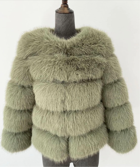 Luxury Cropped 5 Ring Faux Fur- Sage Green